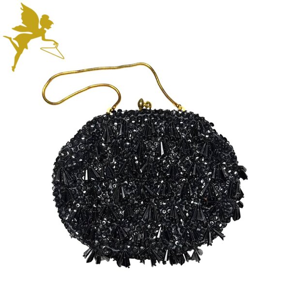VINTAGE Black Shimmer Facetted Dangle Bead & Sequin 1920s Style Evening Bag - Picture 3 of 8